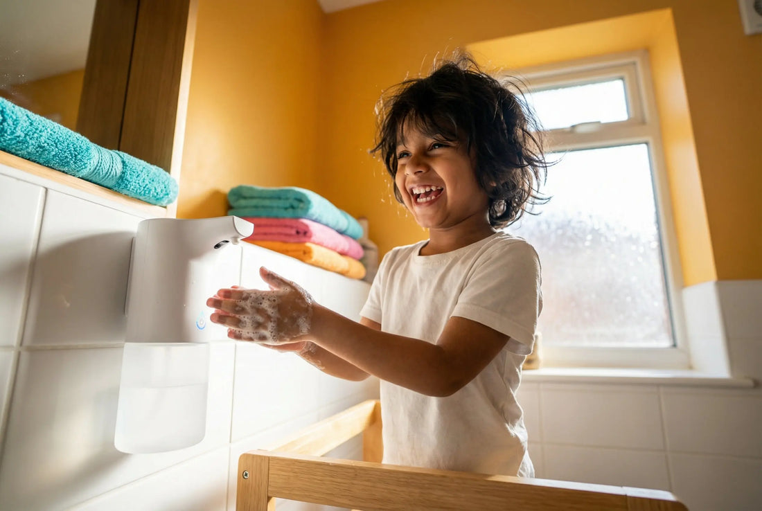 Indian child washing hands with touchless soap dispenser