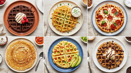 Grid of 6 creative waffle maker dishes