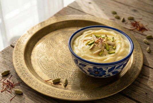 Saffron shrikhand in bowl with pistachios Gujarati recipe
