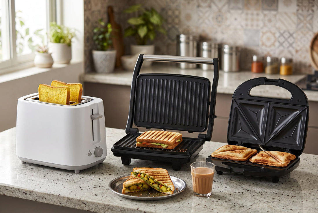 Sandwich grill vs toaster vs sandwich maker: a pop-up toaster, an open griller with a grilled sandwich and a sandwich maker with sealed triangles on an Indian kitchen counter - InstaCuppa