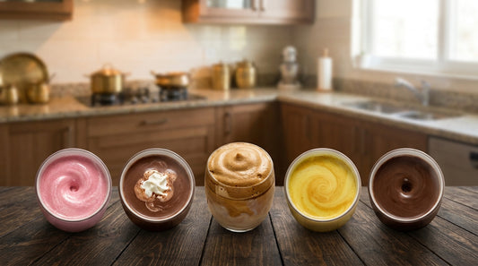 5 colorful drinks in self-stirring mugs - protein shake, hot chocolate, Dalgona, golden milk, Bournvita