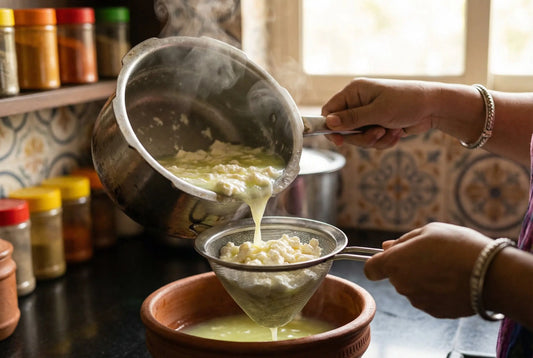 Milk curds being poured into mesh strainer for paneer