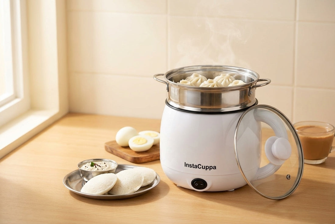 InstaCuppa multipurpose electric kettle cum cooker with steamed momos in its steel steamer tray, idlis with chutney, boiled eggs and a cup of chai on a kitchen counter - InstaCuppa