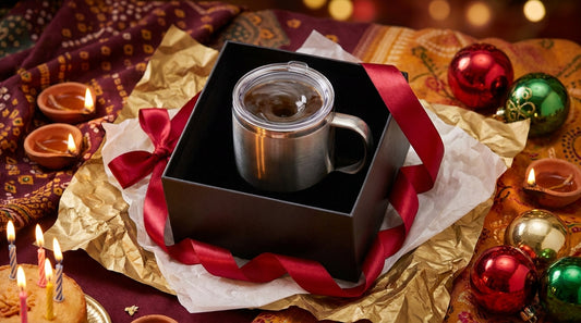 Self-stirring mug in gift box with ribbon