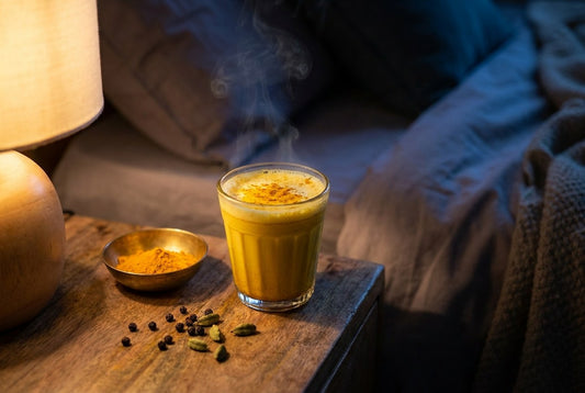 Turmeric milk at night: a glass of warm haldi doodh on a bedside table with a brass katori of turmeric, black pepper and cardamom - InstaCuppa