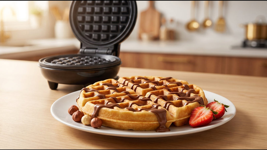 Nutella drizzled over a golden mini waffle on a white plate, with hazelnuts and strawberries, next to an open InstaCuppa mini waffle maker