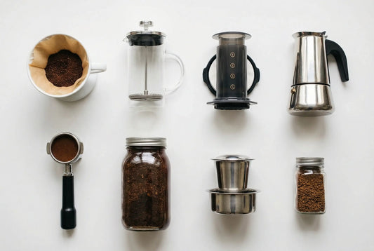 8 coffee brewing methods equipment arranged in a grid