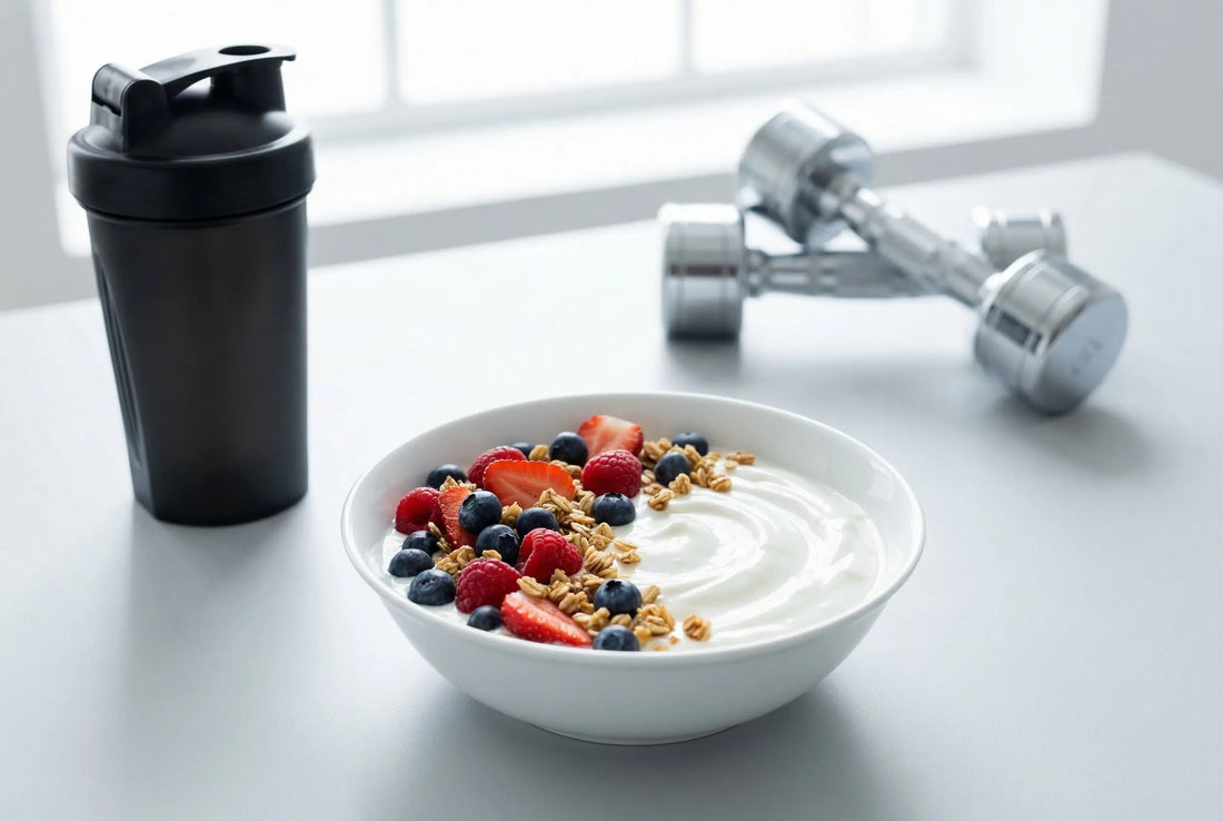 Greek yogurt protein bowl with berries and fitness context