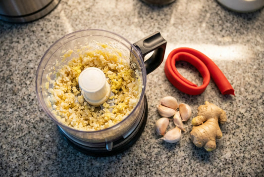 Garlic and ginger minced in electric chopper in 10 seconds