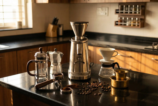 Complete coffee setup with electric grinder, French press, moka pot, espresso portafilter and south Indian filter on Indian kitchen countertop