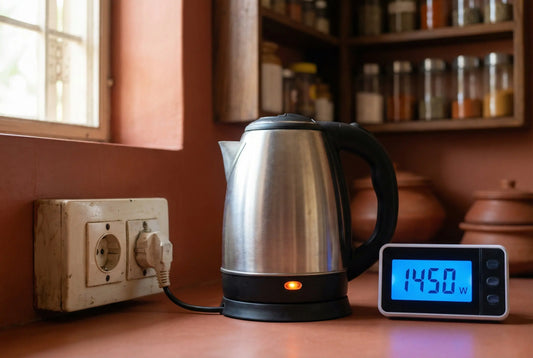 Electric kettle plugged into Indian wall socket showing wattage