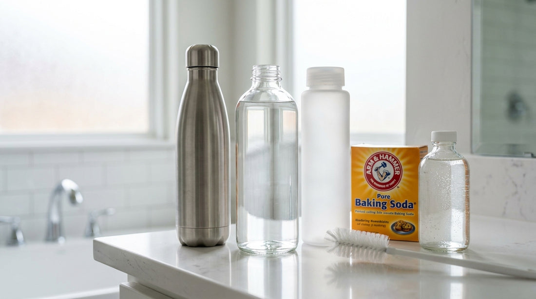 Three clean water bottles — steel, glass, plastic — with baking soda, vinegar, and brush cleaning supplies