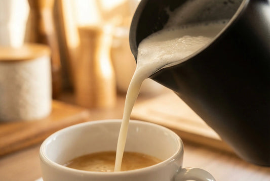 Silky steamed milk being poured from electric frother into latte cup