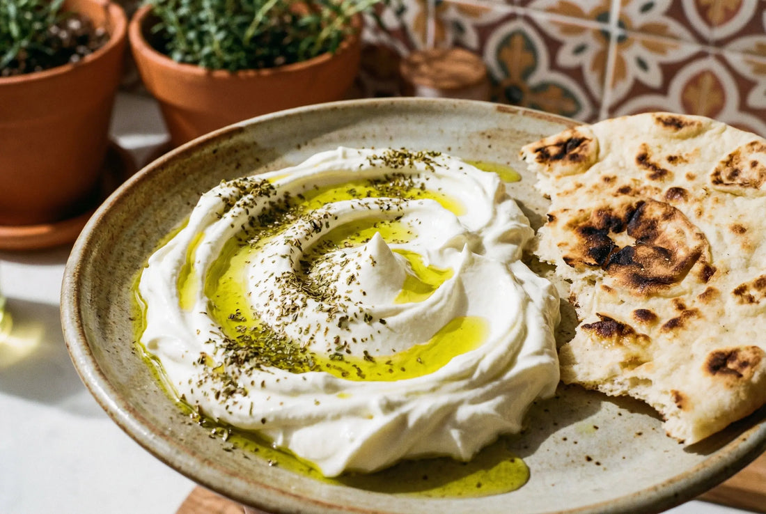 Labneh spread with olive oil and zaatar on ceramic plate