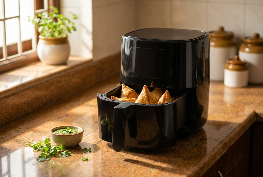 InstaCuppa guide: air fryer with crispy samosas on an Indian kitchen counter — how to use an air fryer for the first time