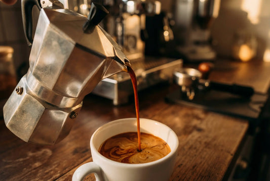 Moka pot pouring espresso-style coffee into cup