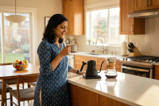 Indian mom with coffee and electric gooseneck kettle in kitchen