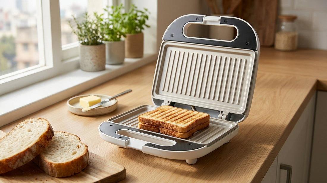 How to use a sandwich maker - open sandwich maker with golden grilled sandwich