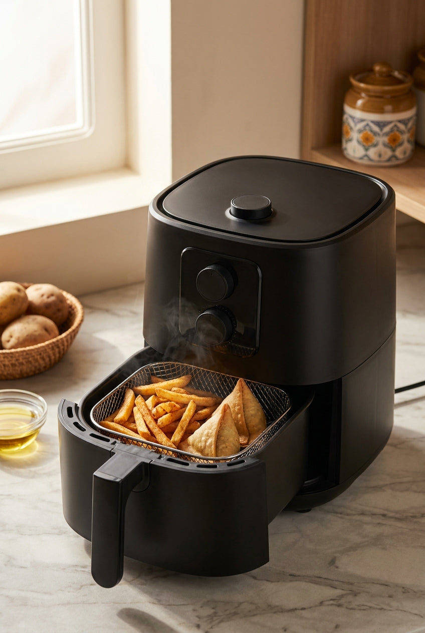 Black countertop air fryer with fries and samosas in an Indian kitchen