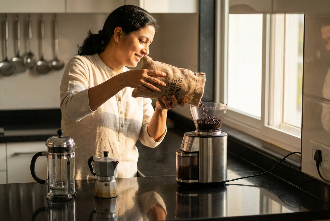 Indian woman pouring coffee beans into electric grinder in modern kitchen