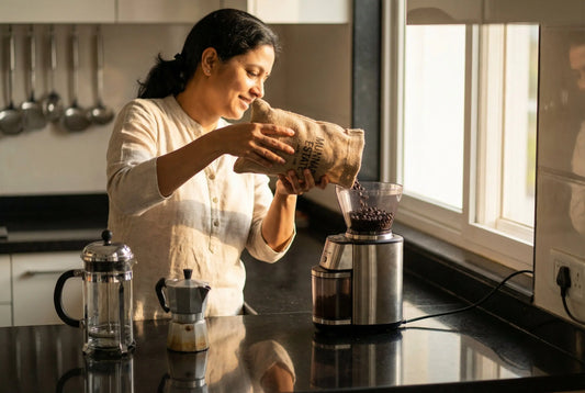 Indian woman pouring coffee beans into electric grinder in modern kitchen