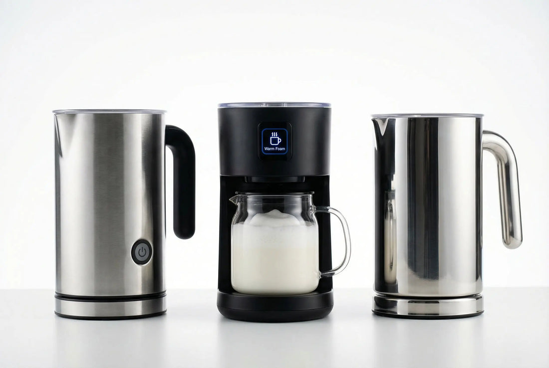 Three electric milk frother machines compared side by side