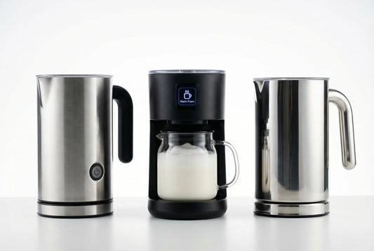Three electric milk frother machines compared side by side