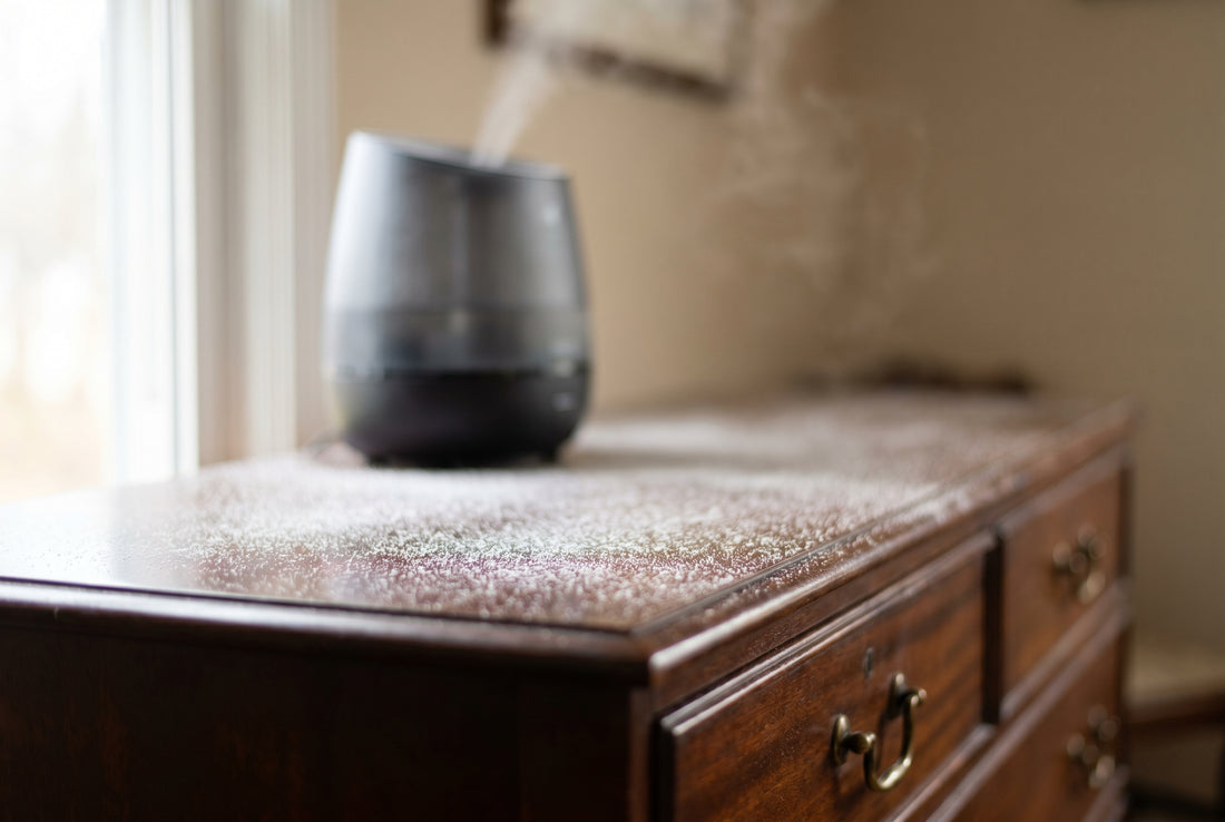 White mineral dust on furniture near ultrasonic humidifier