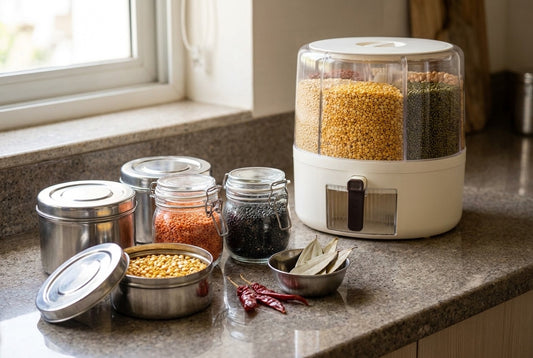 Dal storage containers on a granite kitchen counter: steel dabbas with chana dal, glass jars of masoor and urad dal, and an InstaCuppa rotating grain dispenser with toor and moong dal