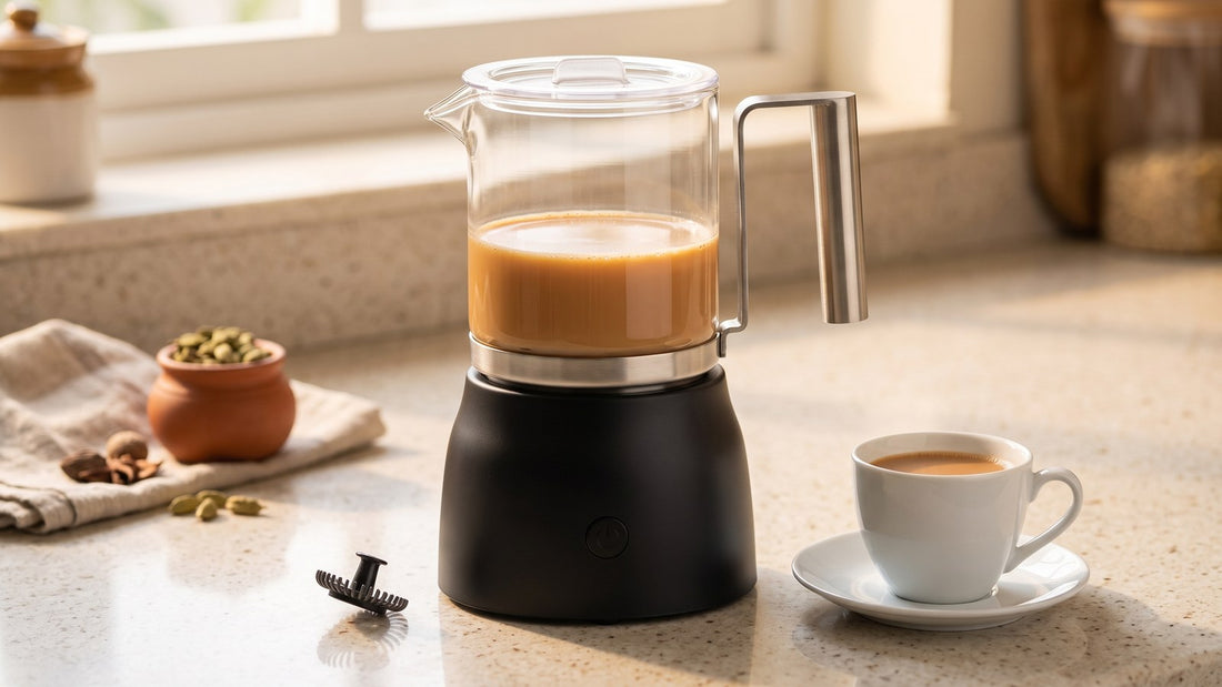 InstaCuppa Automatic Chai Maker brewing masala chai on an Indian kitchen counter, with loose CTC tea, ginger and cardamom beside it