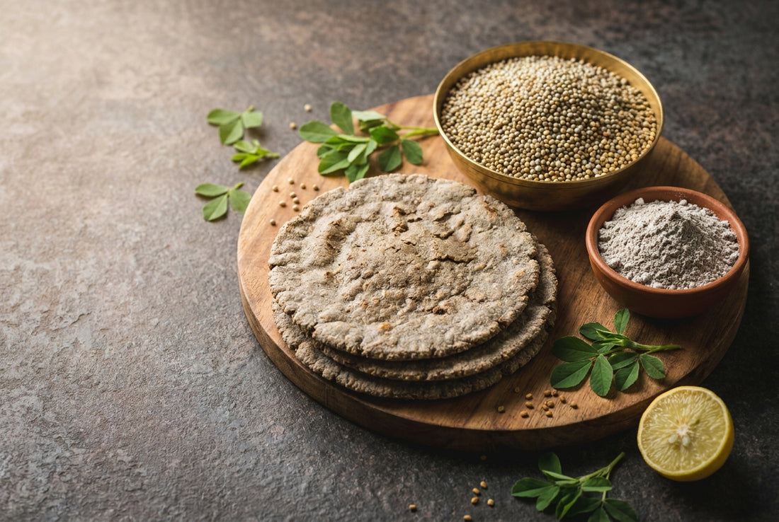 InstaCuppa — bajra rotis, pearl millet grains and bajra flour flat-lay
