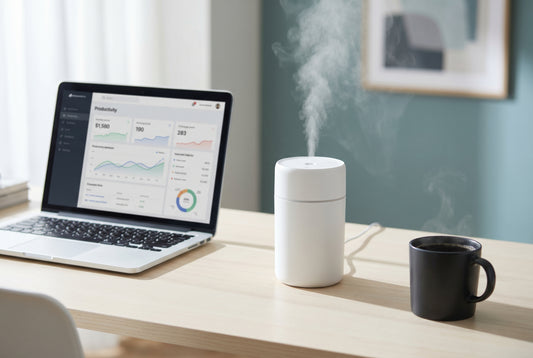 Mini USB humidifier on office desk next to laptop