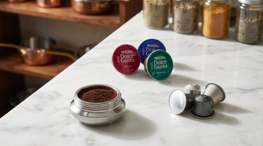 Three coffee adapters for ground coffee, Nespresso pods, and Dolce Gusto capsules on marble surface