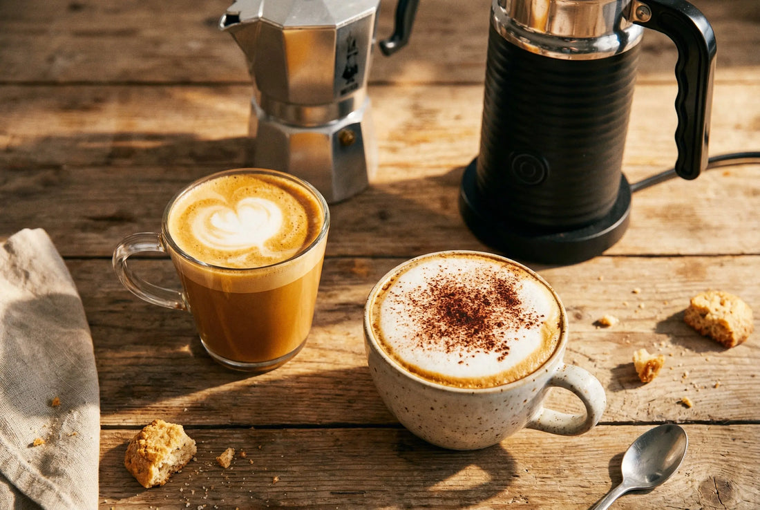 Homemade latte and cappuccino with moka pot and milk frother