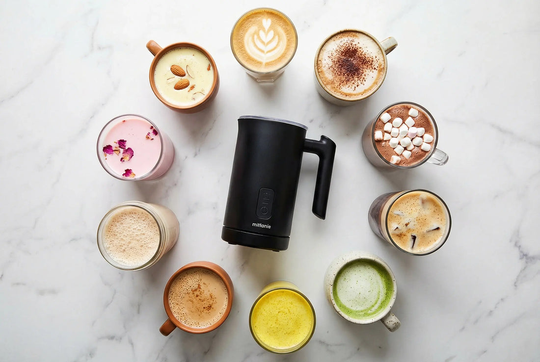 10 beverages made with milk frother arranged around electric frother
