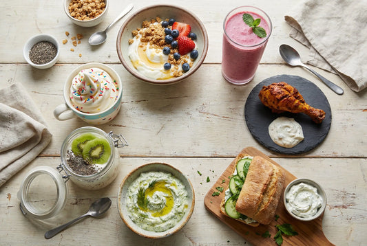 Seven Greek yogurt recipes arranged in a circle