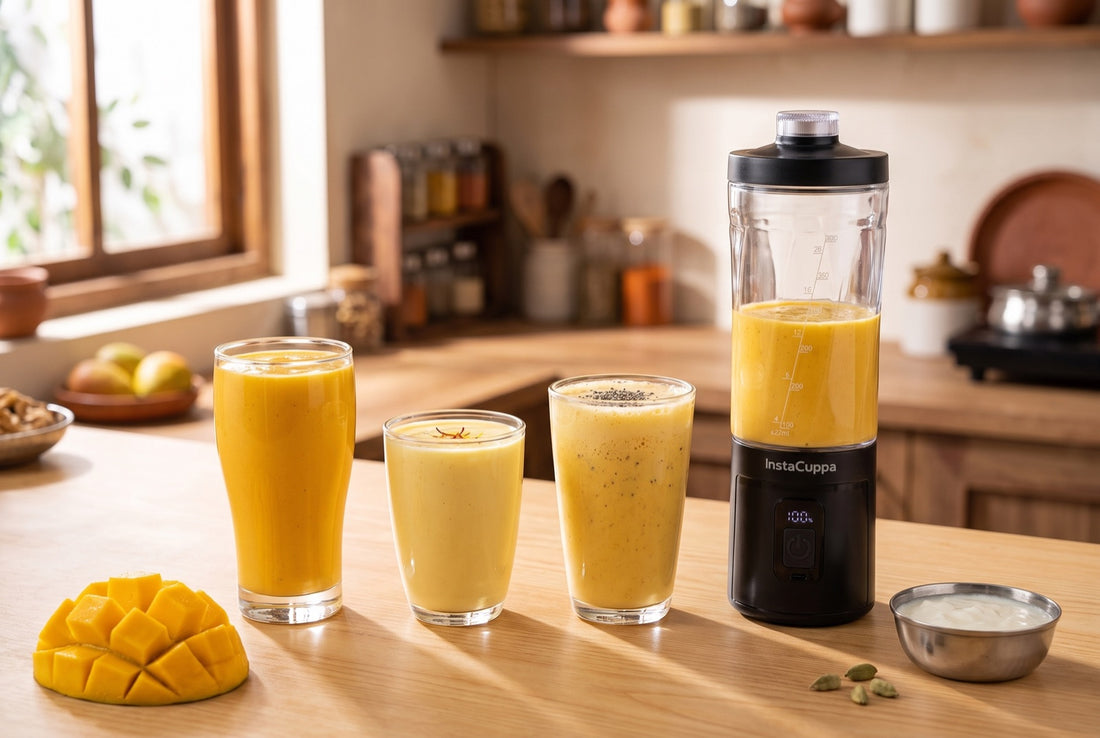 Three glasses of mango shake - thick, light curd-style and protein - beside the InstaCuppa Portable Blender Bottle, a cubed mango and a bowl of curd