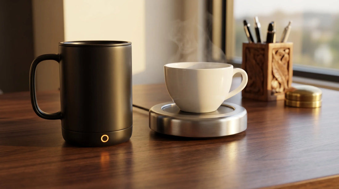 Heated coffee mug vs mug warmer plate comparison on an office desk