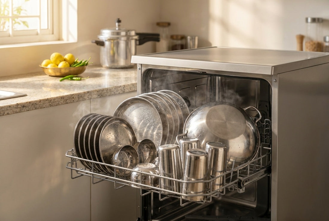 Is a dishwasher worth it in India: an open stainless-steel dishwasher loaded with clean steel thalis, katoris, tumblers and a kadhai in a sunlit Indian kitchen - InstaCuppa
