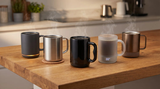 Five self-heating mugs from different brands on a wooden table with steam rising