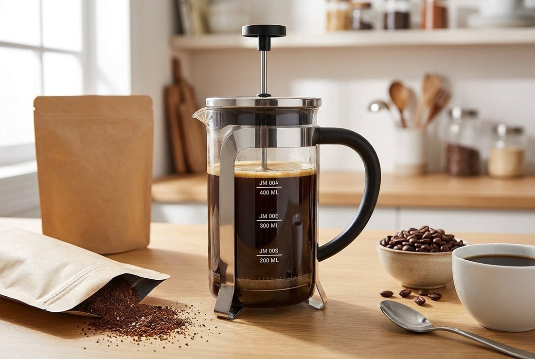 Best coffee powder for French press: the InstaCuppa glass French press with brewed coffee, coarse ground coffee spilling from a kraft pouch, roasted beans and a cup of black coffee - InstaCuppa
