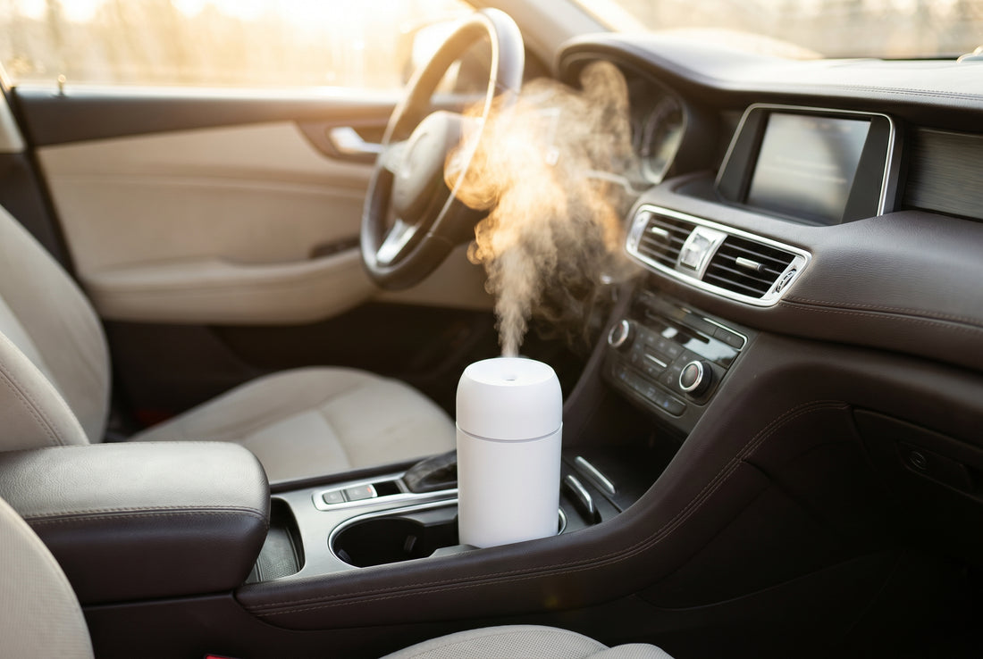 Mini USB car humidifier on dashboard producing cool mist during Indian road trip