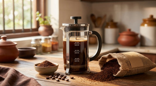 InstaCuppa glass French press with coarse coffee grounds in an Indian kitchen