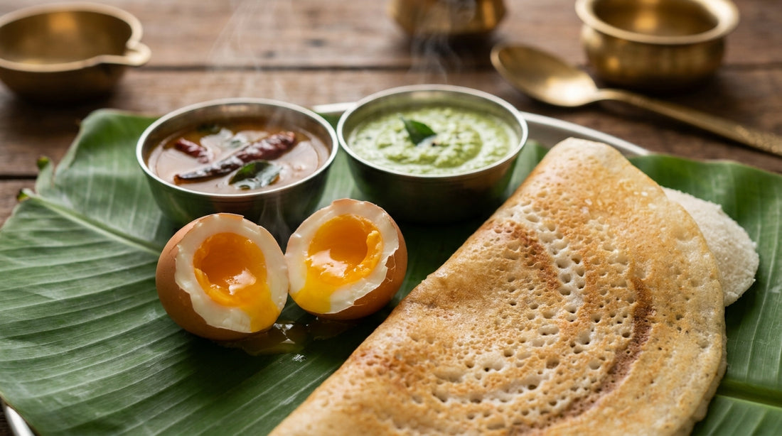South Indian half boiled eggs with dosa and sambar