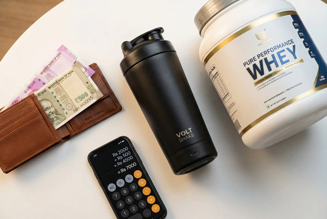 Is electric protein shaker worth Rs 2199 - cost analysis with protein powder and wallet on gym bag