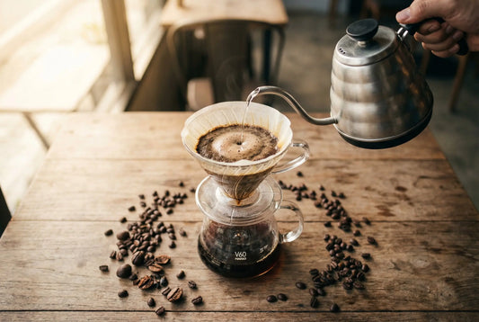 Hario V60 pour over dripper brewing coffee with gooseneck kettle