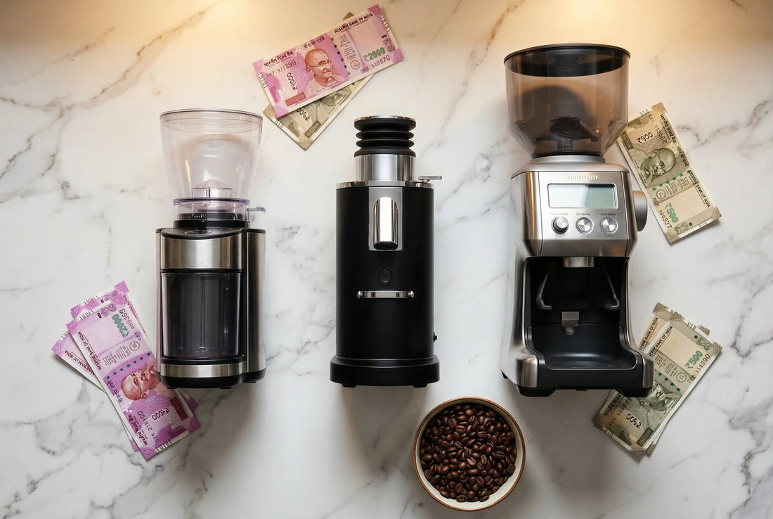 Three electric coffee grinders at different price points with Indian currency on marble countertop
