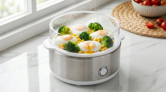 Egg boiler recipes - steamed eggs, vegetables and poached eggs