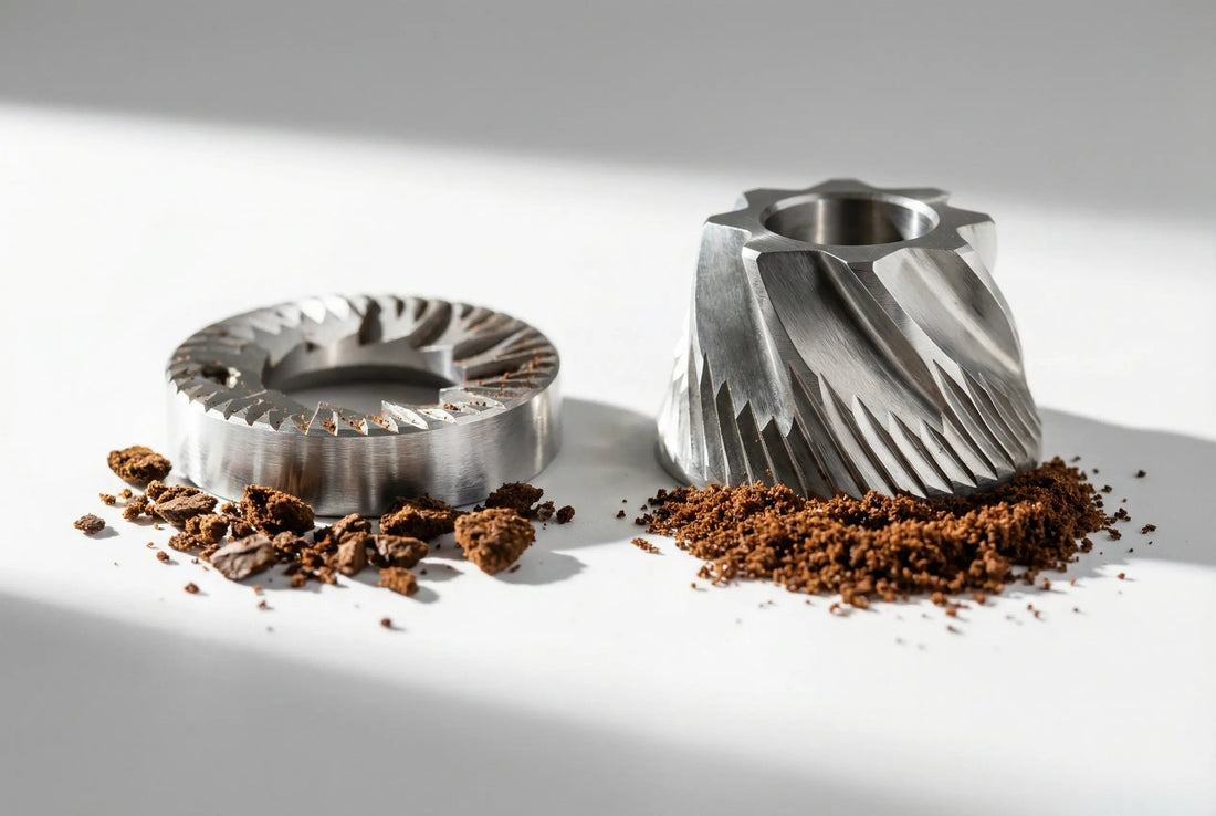 Flat burr and conical burr coffee grinder sets side by side showing grind quality difference