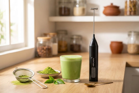What is matcha: a glass of green matcha latte with matcha powder, a tea sieve, fresh tea leaves and the InstaCuppa rechargeable frother on a kitchen counter - InstaCuppa